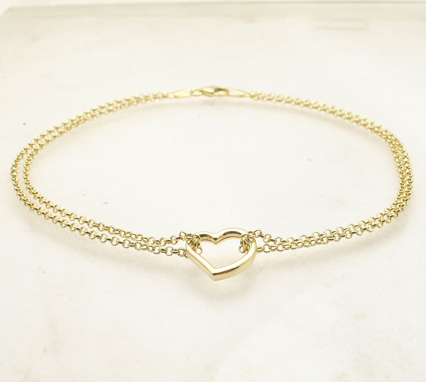 Open Heart Anklet Ankle Bracelet with Double Rolo Chain Real 10K Yellow Gold