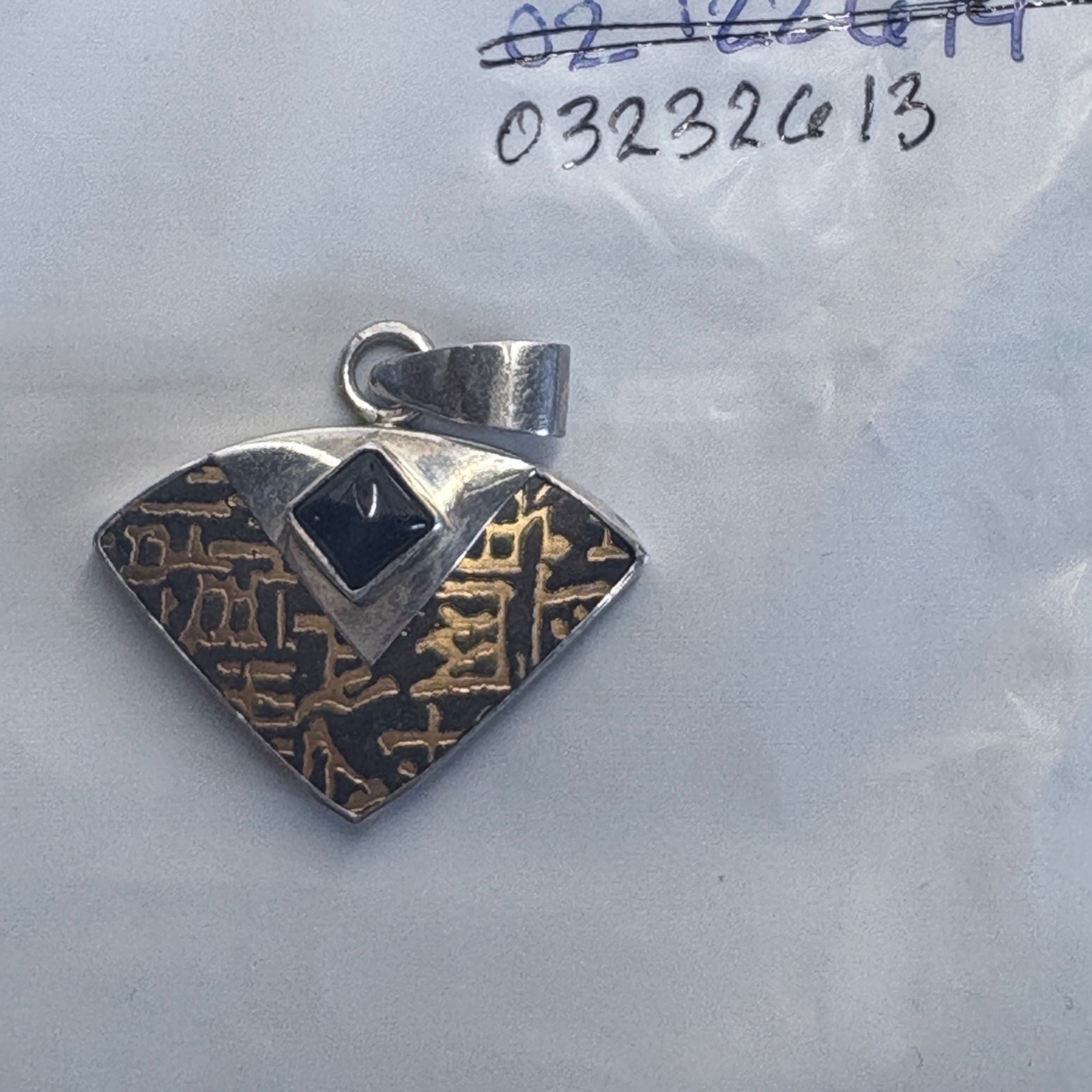 Black Onyx Black and Gold Painted Enamel Inlay Pendant 925 Sterling Silver 1.25″