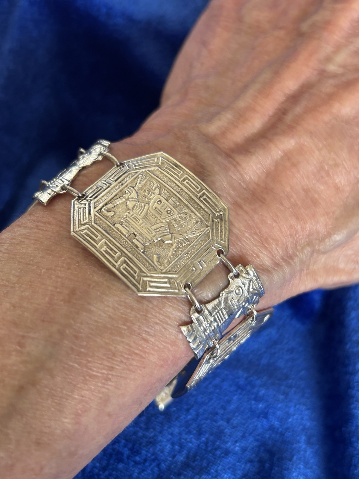 Vintage Estate Sterling Silver Inca Guardians Panel Bracelet Handmade Peru Old