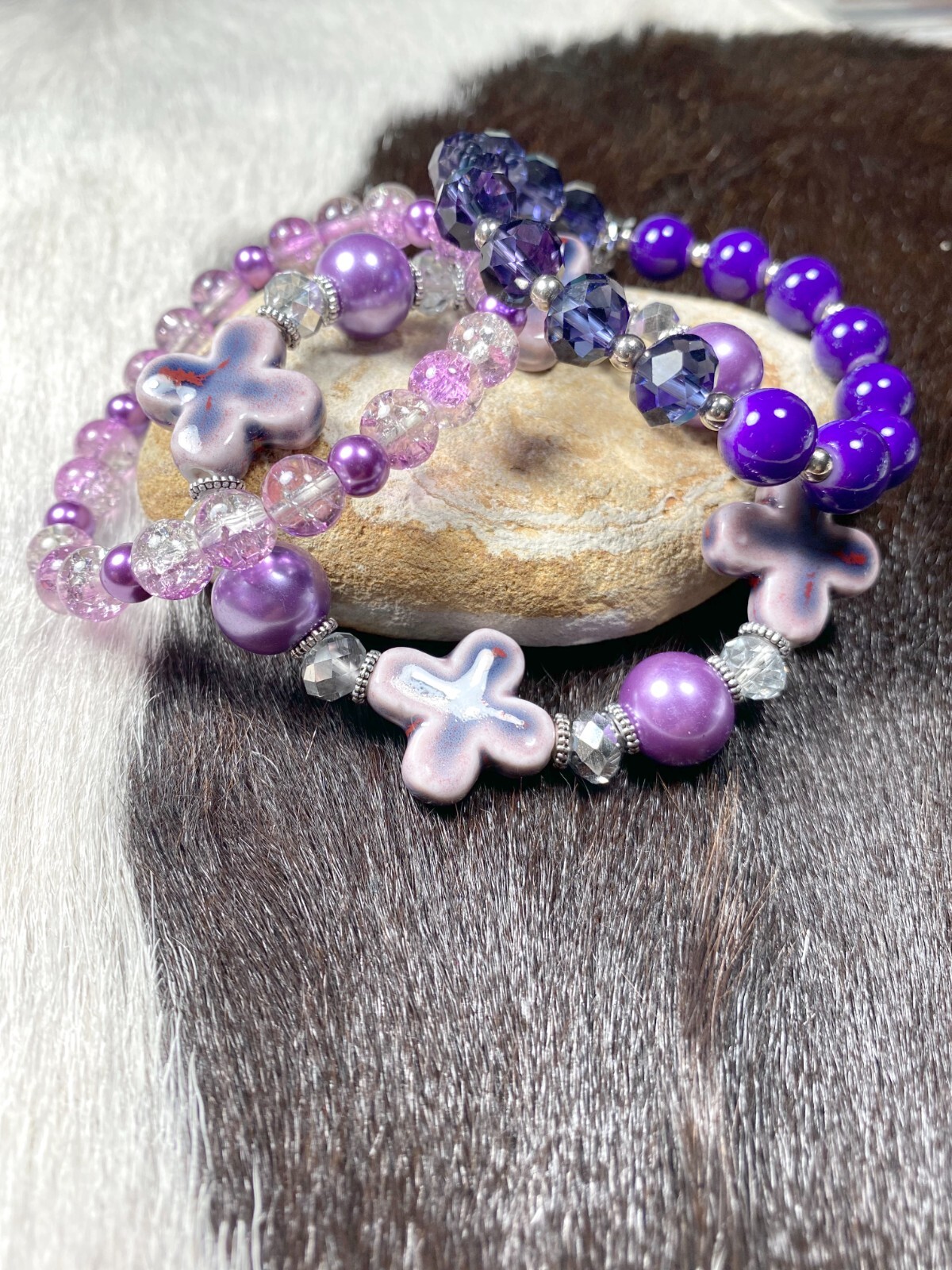 Stackable Beaded Bracelets PURPLE crystal charms Beaded Stretch Bracelet 3 pcs