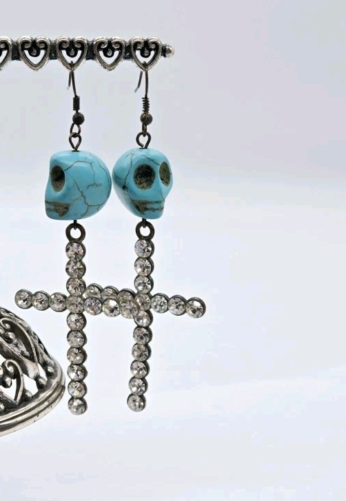 Turquoise Howlite Crystal Cross Drop Dangle & Skulls Earrings Halloween 3.75 in