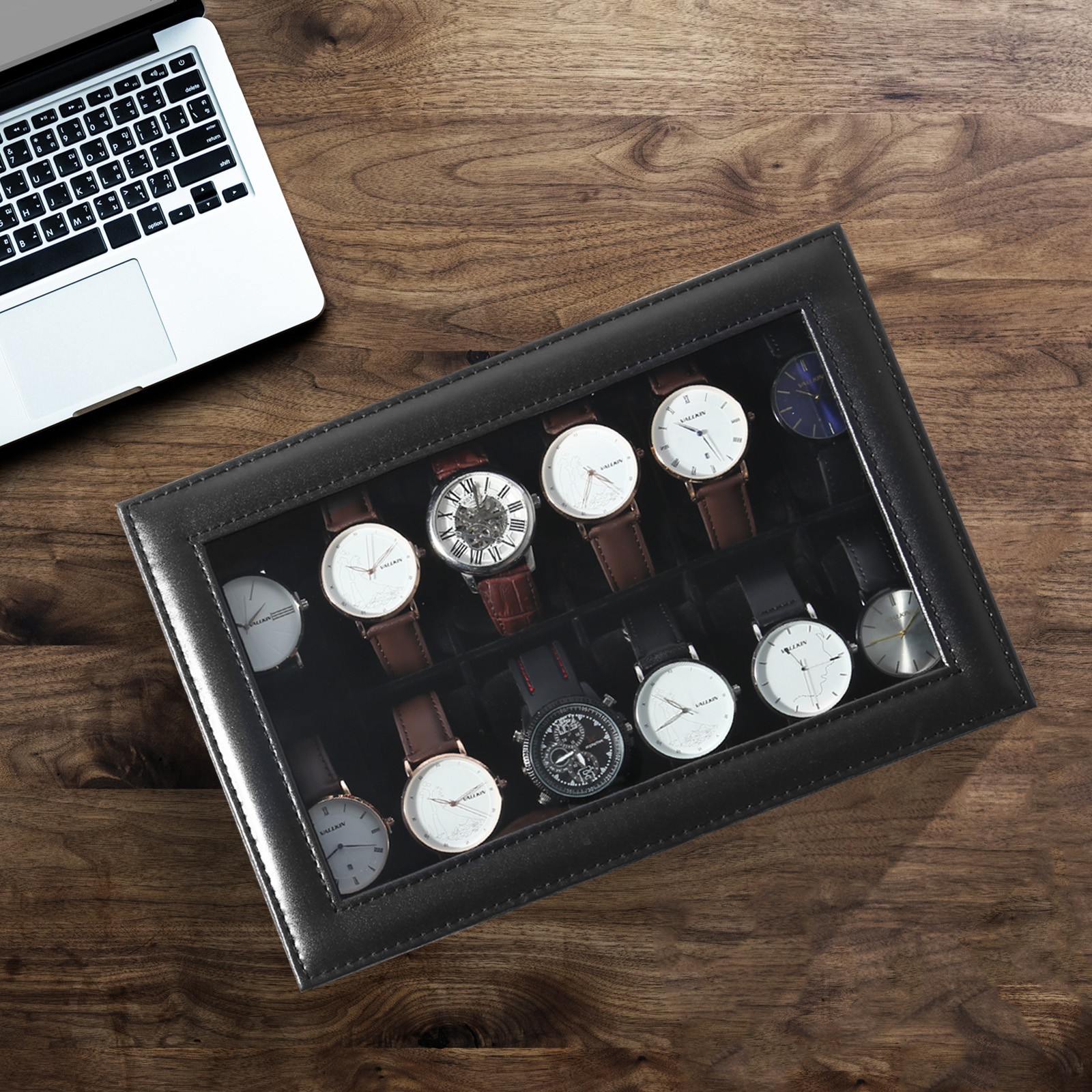 12 Slots Watch Box PU Leather Watch Case Lockable Jewelry Storage Display Case