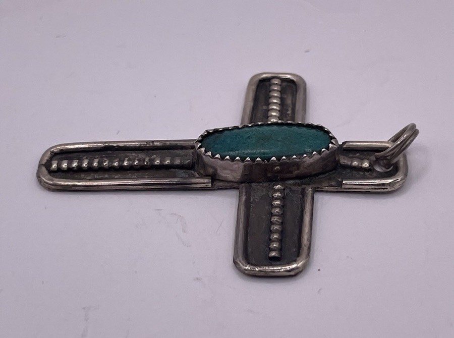 Sterling Silver Zuni Turquoise Small Cross Pendant(6.00g)