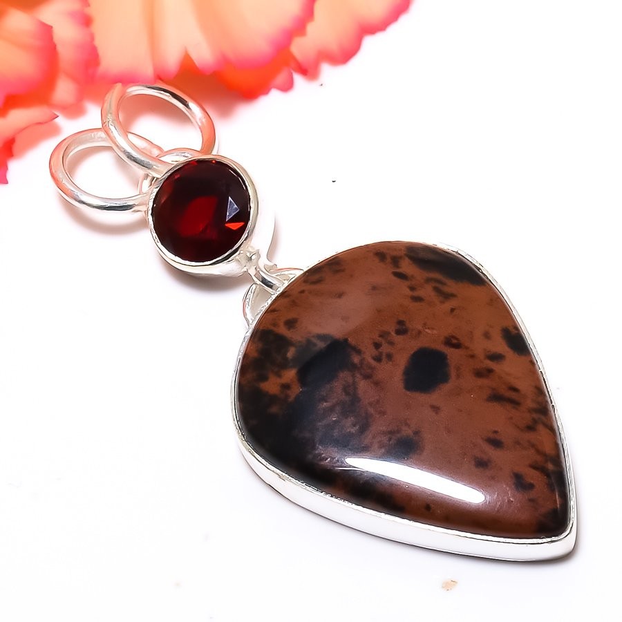 Mahogany Obsidian & Garnet Aritistic Handmade Silver Plated Pendant 2.0″ M155