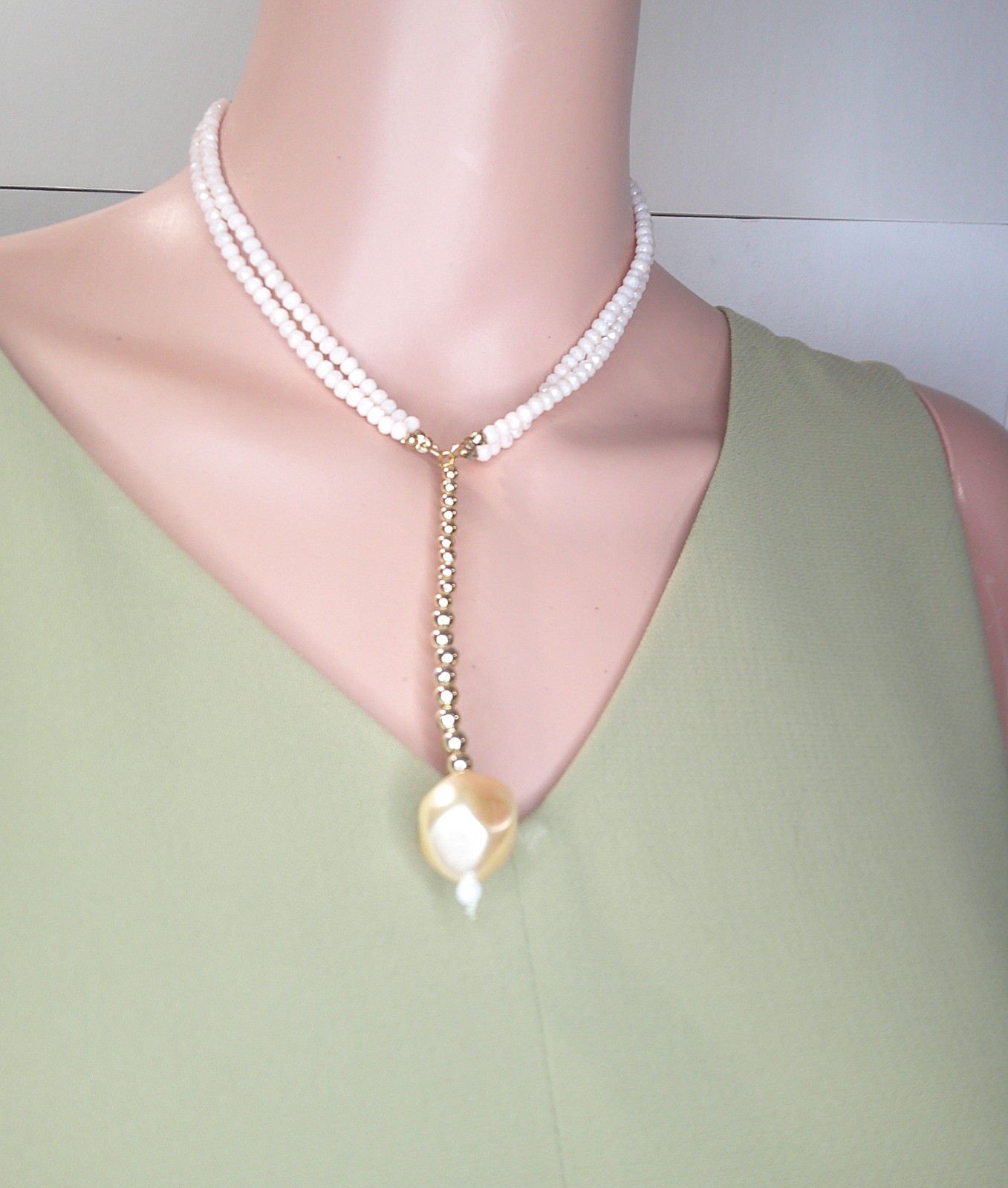Gold & Light Pink Necklace Long Pendant Choker Style Adjustable Unique Beaded