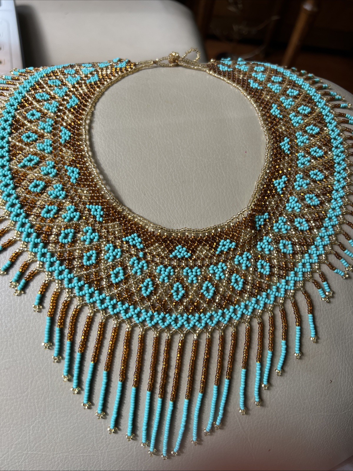 Beautiful Handmade Blue /brown/Yellow Seed Beaded Collar 16.5” Necklace