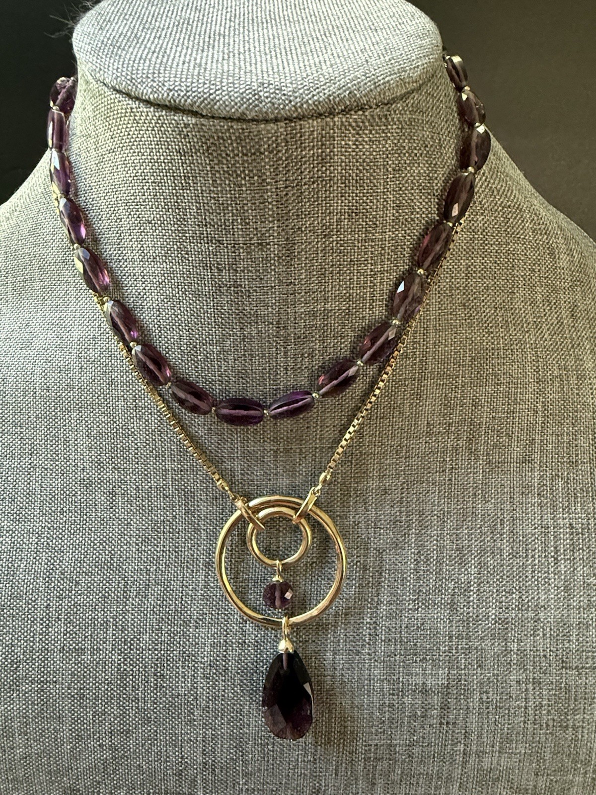 Ellen Tracy Glass Bead Pendant Necklace 2 Strand Stackable Gold Tone Purple