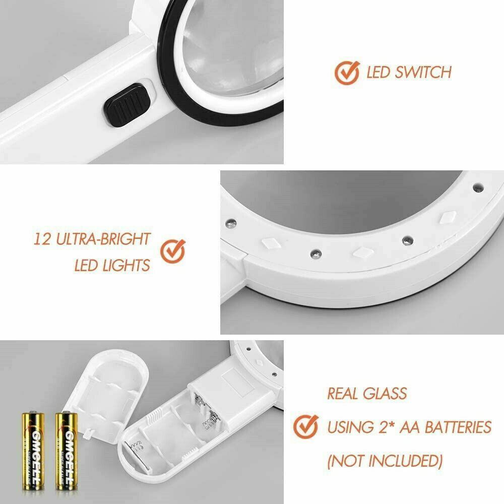30X Jumbo Handheld Magnifying Glass w/ 12 Bright LED Light Illuminated Magnifier