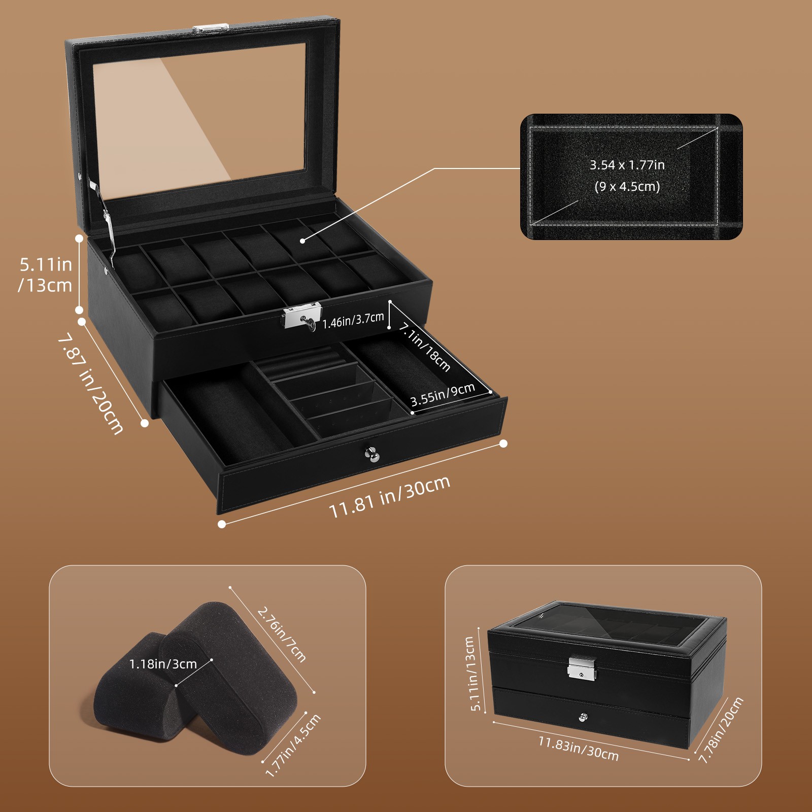 12 Slots Watch Box PU Leather Watch Case Lockable Jewelry Storage Display Case