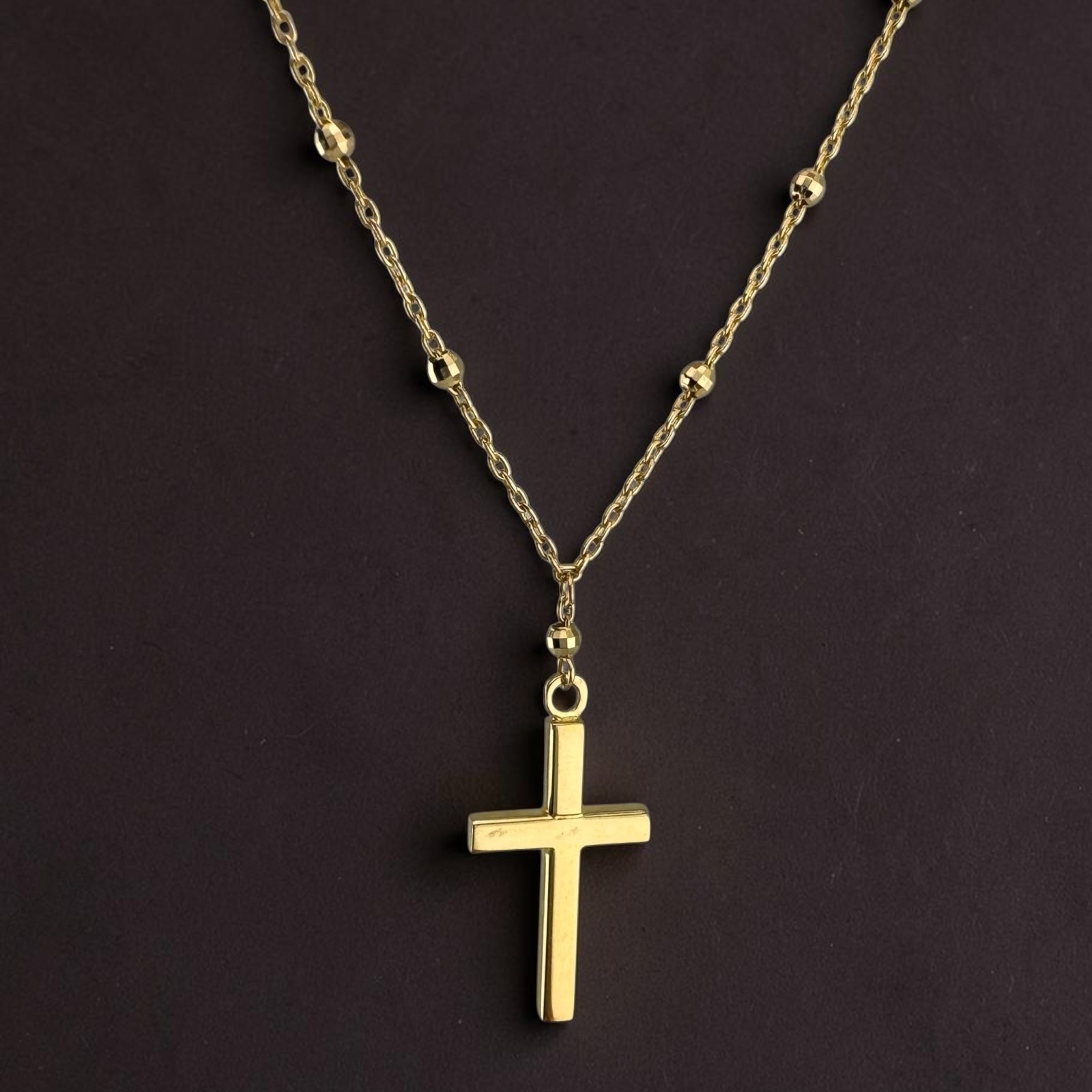 Vintage 21k Yellow Gold Cross Necklace Faceted Bead Chain 17” 3.97g
