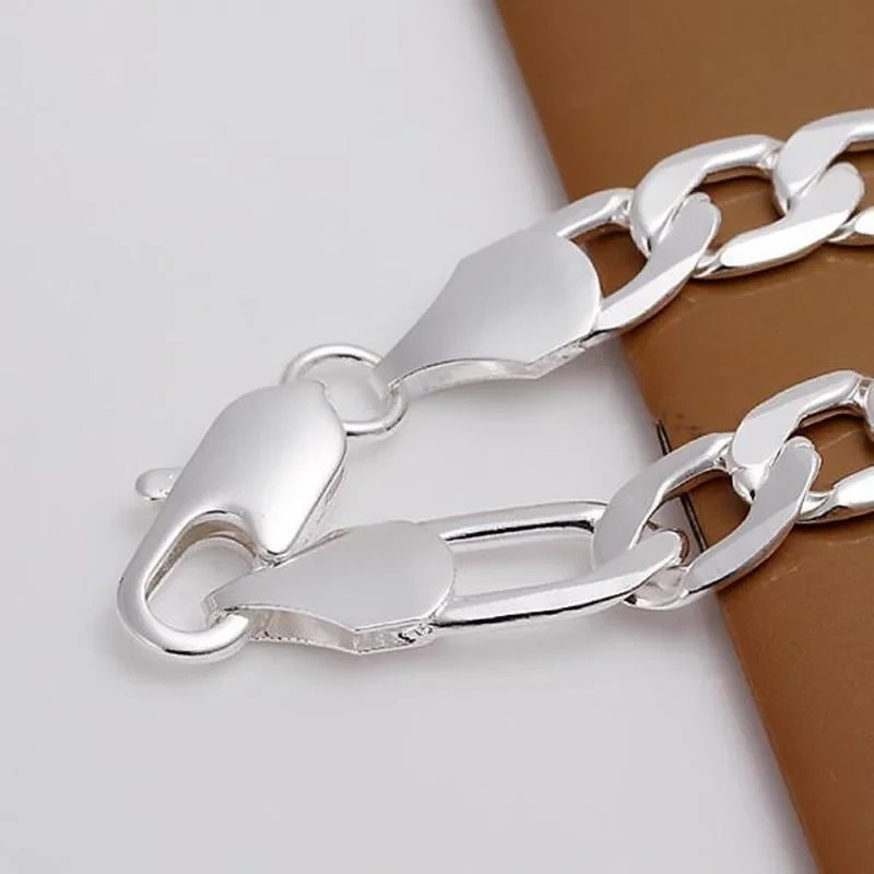 12MM X 9INCH – STERLING SILVER (L/F) LAYERED FILLED FIGARO FLAT LINK BRACELET
