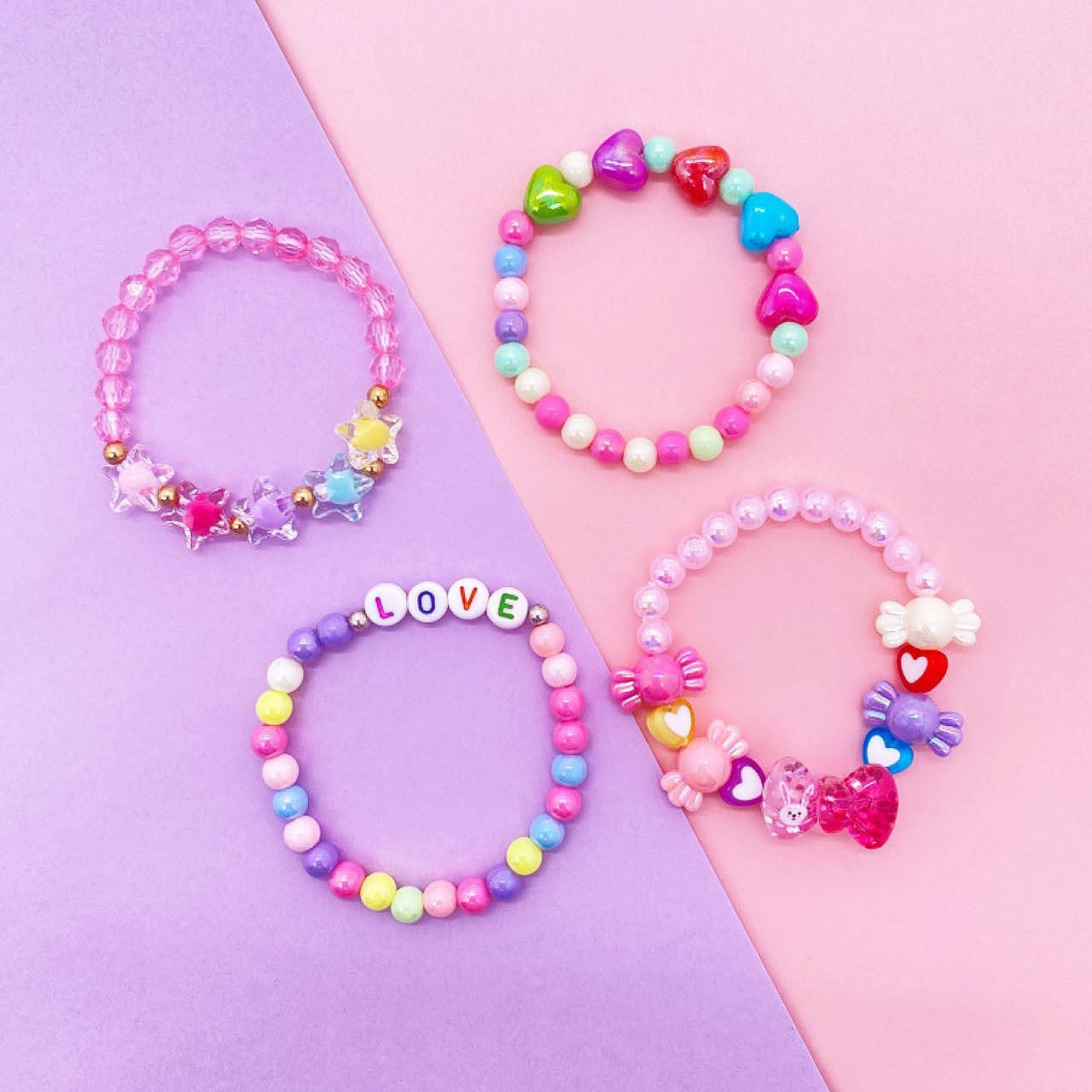 New 9 PCS Cute Kids Bracelets for Girls Pink LOVE Beaded Bracelets Little Girls