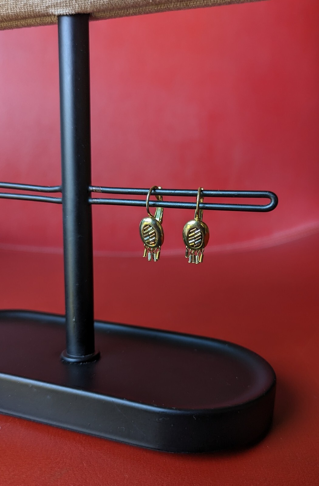 Tri Color Silver Gold Copper Tone Mosaic Barrel Fringe Dangle Drop Earrings
