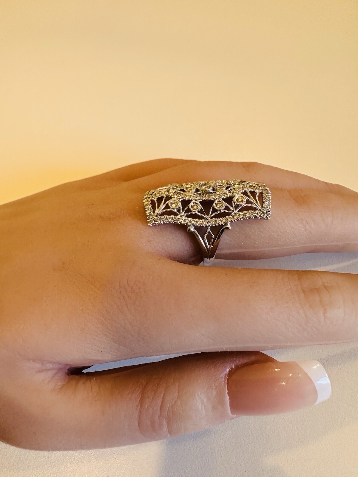 Gabriel & Co 14K White Gold Diamond Floral Filigree Long Right Hand Ring
