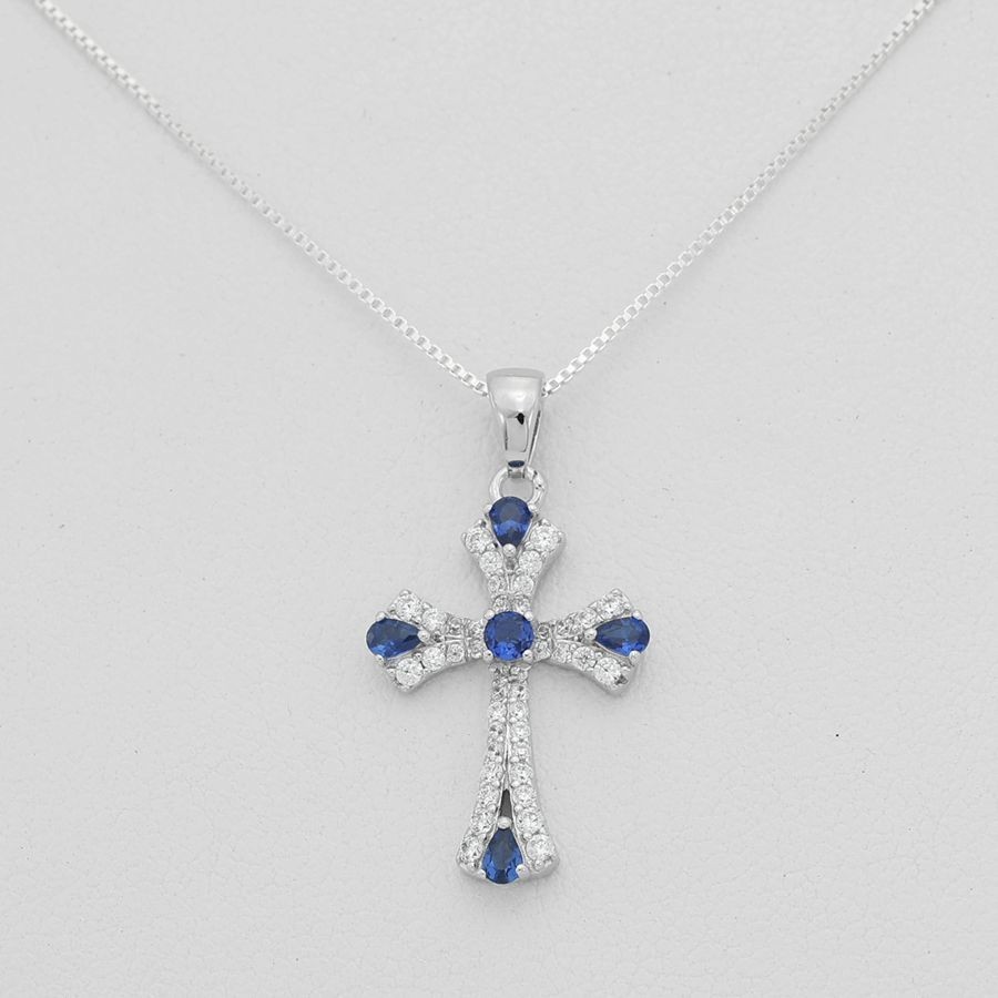 Women’s Sterling Silver 925.CROSS 27mm Blue CZ Bling,small Pendant 18″ Chain Box