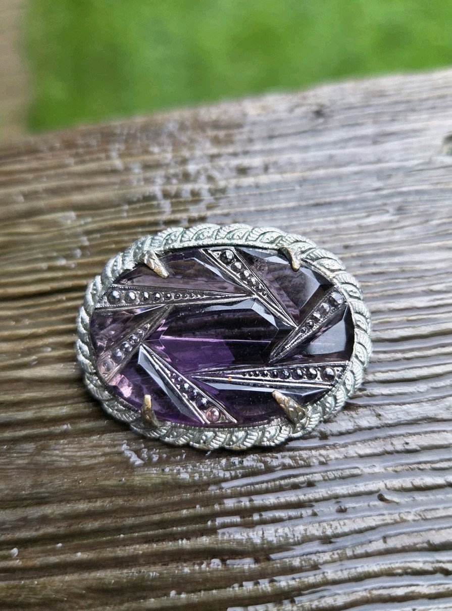 Vintage Art Deco Amethyst Glass Brooch Silver Tone Pin