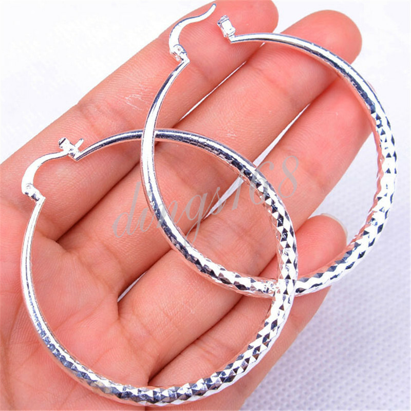 Women’s Genuine 925 Sterling Silver Diamond-Cut 2 inch Medium Size Hoop Earrings
