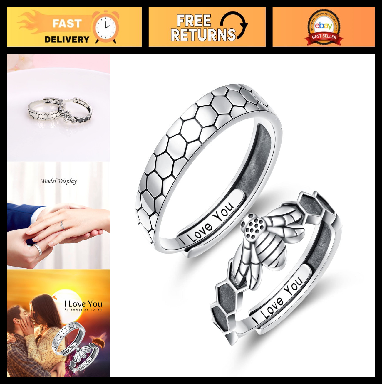 Sterling Silver Adjustable Promise Rings for Couples – Romantic Love Jewelry Gif