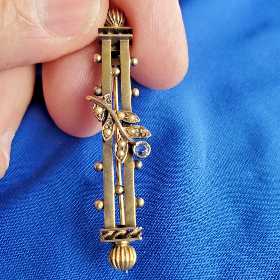 Original VICTORIAN SAPPHIRE PEARL Deco BROOCH 9K GOLD 4.2 GRAMS 2″ INCH Vintage