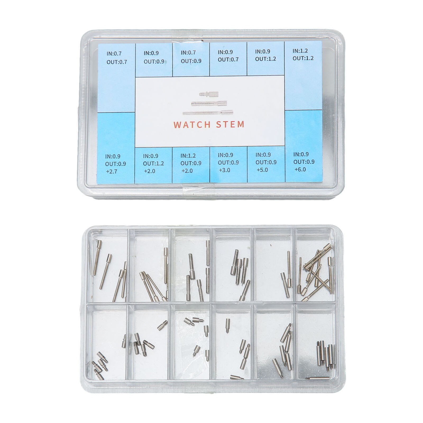60Pcs 0.7mm-0.9mm Stainless Steel Watch Winding Stem Extender Assortment Box