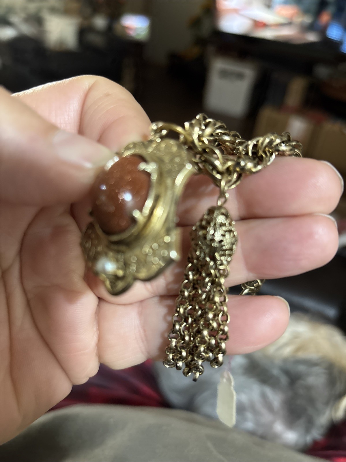 VINTAGE Gold Color Bracelet with Stone & Chain Hanging Charms 7” Long NICE