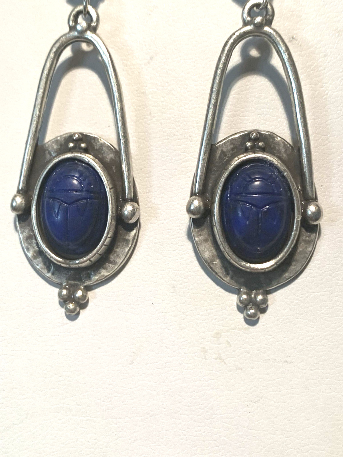 NEW ITEM* HANDCRAFTED EGYPT CARVED VTG. LAPIS SCARAB EARRINGS-NEW-.925 EAR WIRES