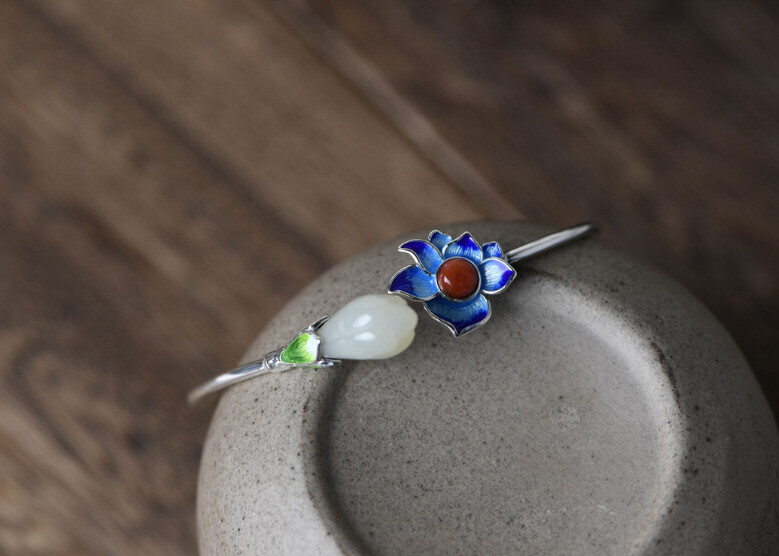 I05 Cloisonne Bangle Silver 925 Blue Green Petals White Jade Agate