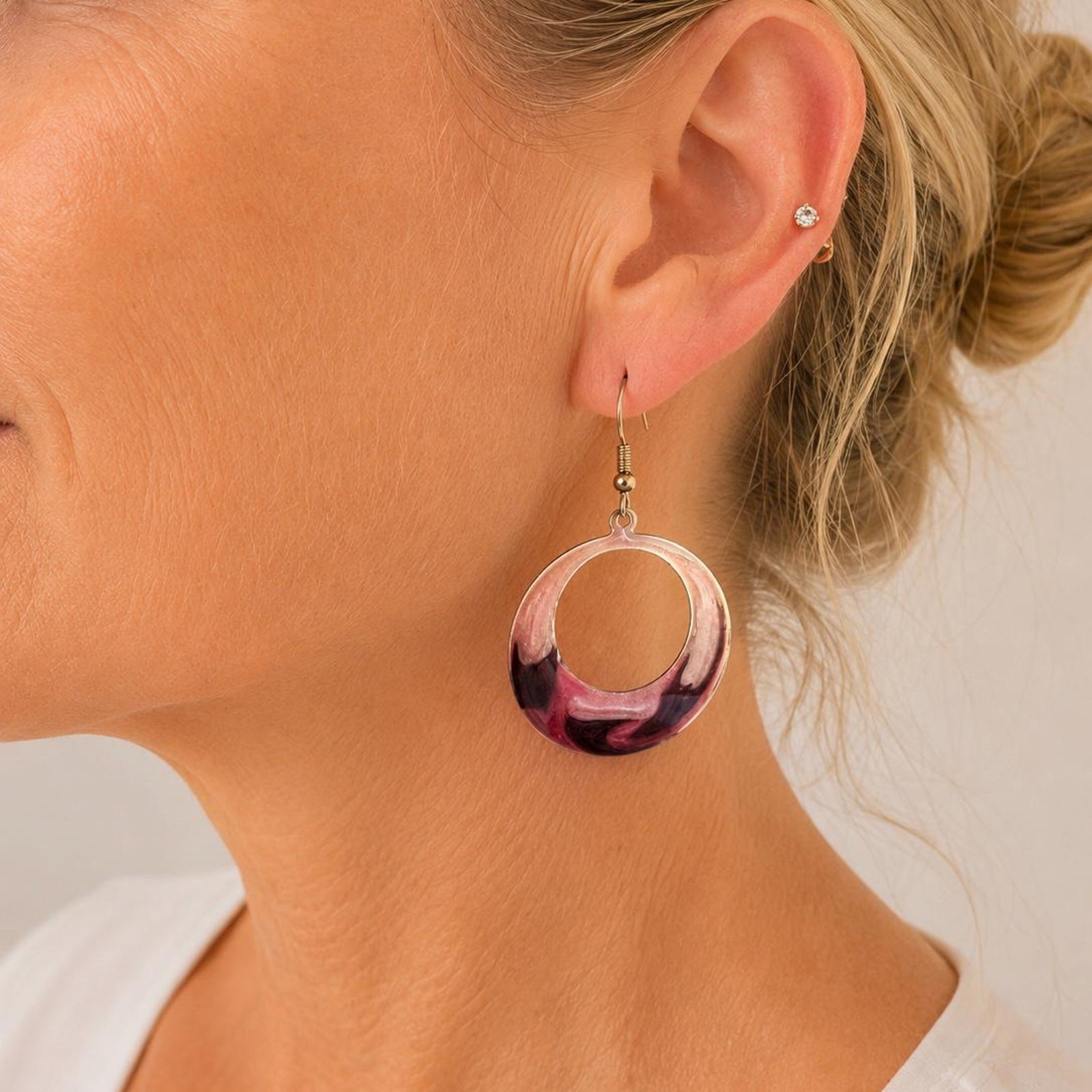 Retro Enamel Hoop Earrings | Pink Brass Statement Jewelry