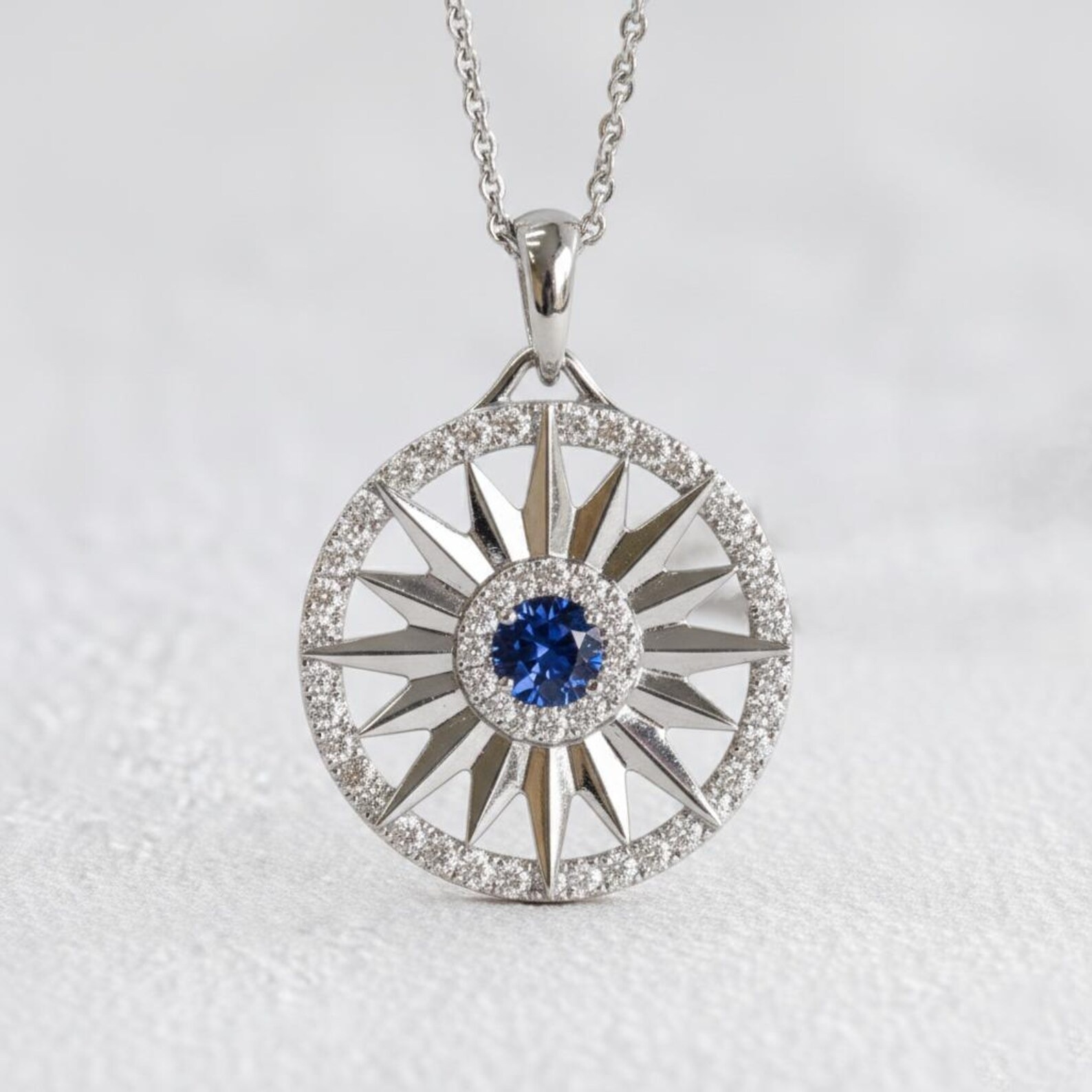 925 Sterling Silver Pendant Natural Blue Sapphire Gemstone Sunburst Necklace