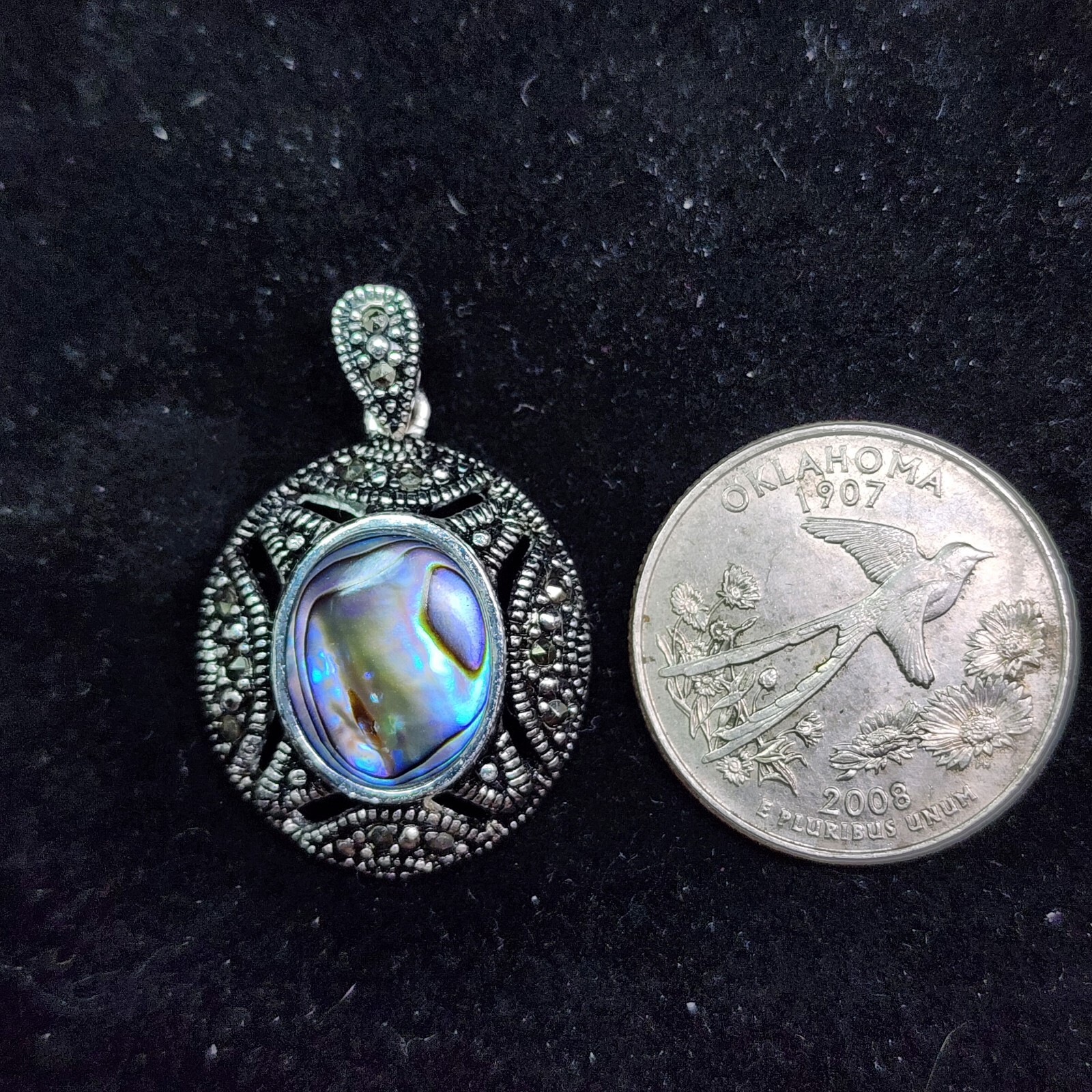 Genuine Marcasite and Abalone Oval 925 Sterling Silver Pendant