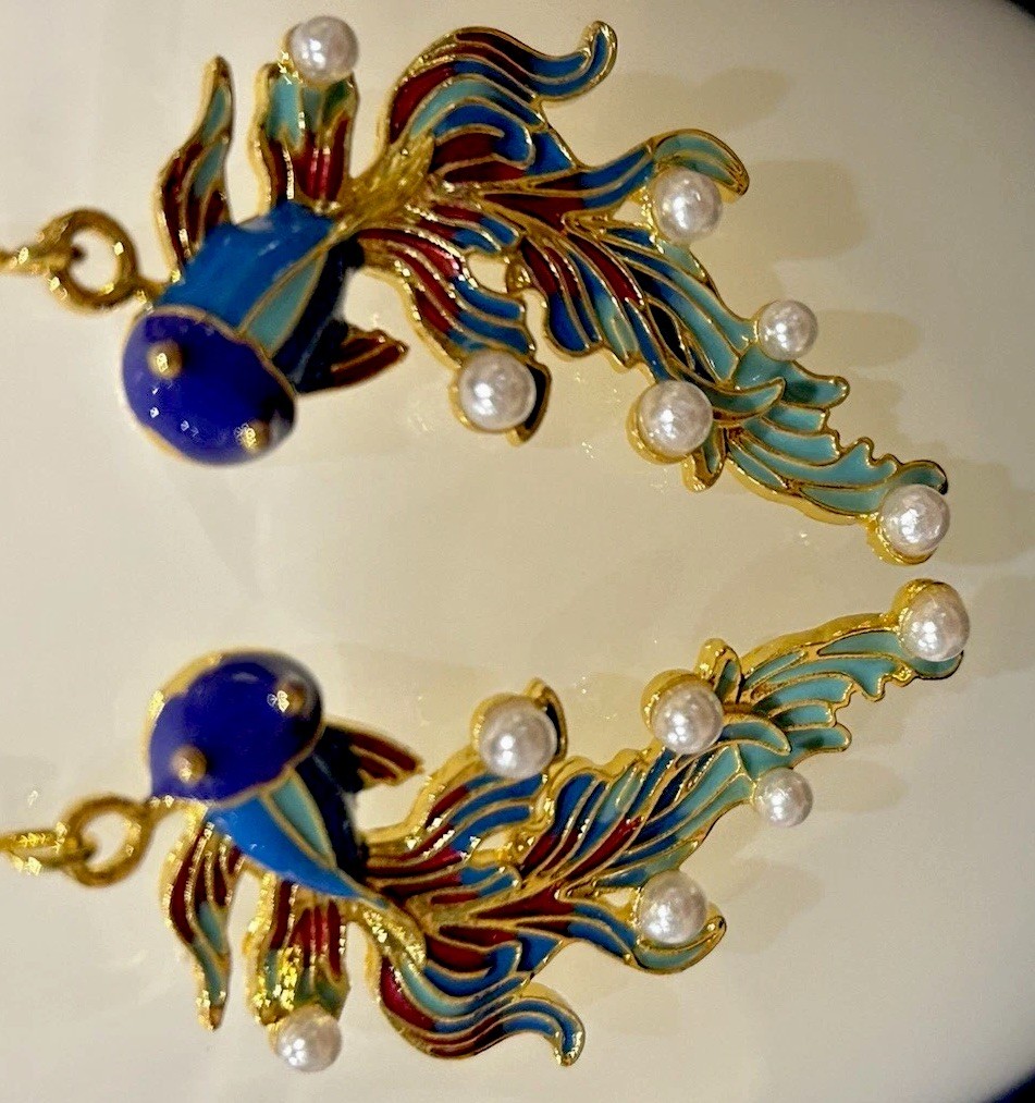 Colorful Enamel & Faux Pearl Goldtone Koi Fish Dangle Pierced Earrings, 2.5” New