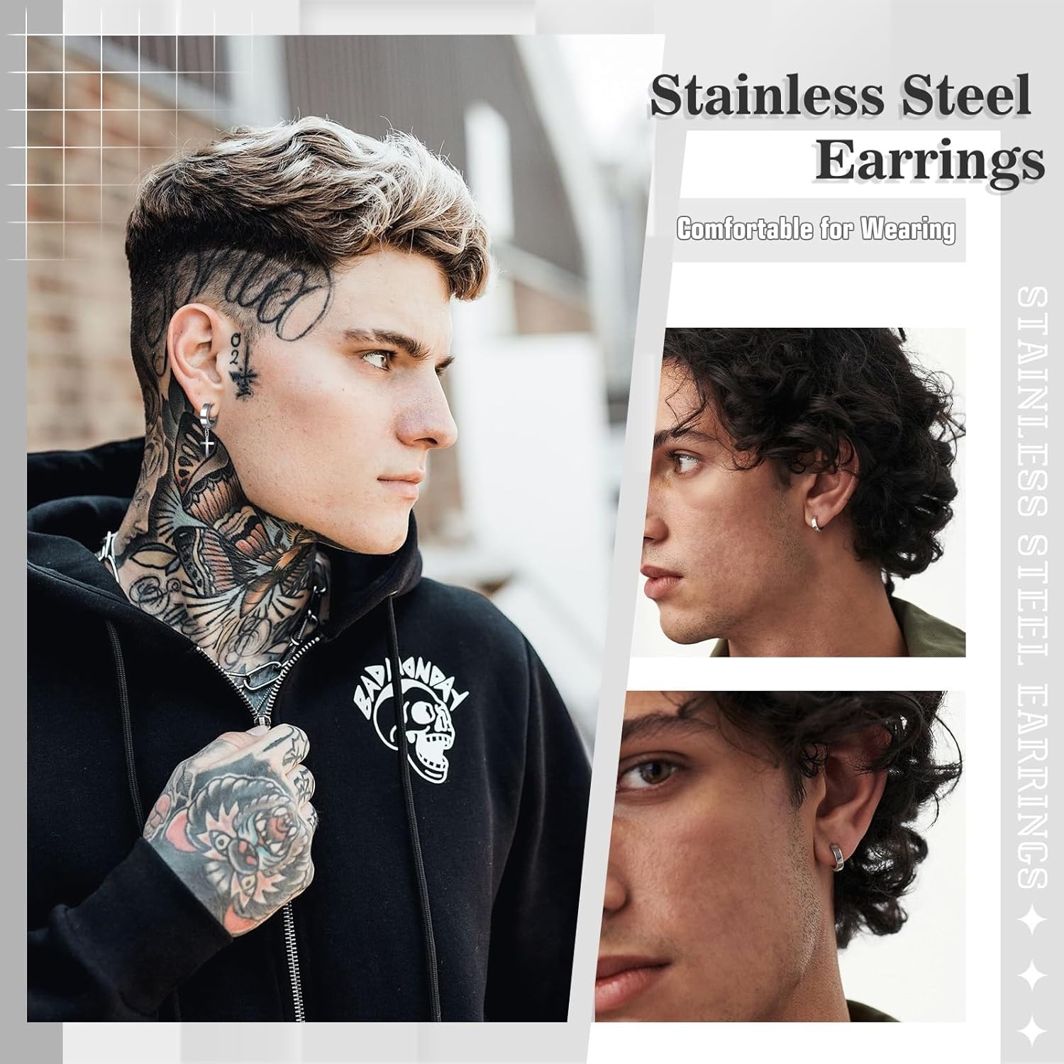 ONESING 27 Paris Stianless Steel Earrings for Men Hypoallergenic Cubic Zirconia
