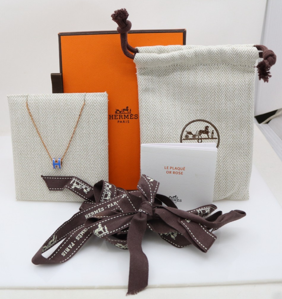 Hermes Mini Pop H Rose Gold Tone & Blue Enamel Pendant Necklace 16″