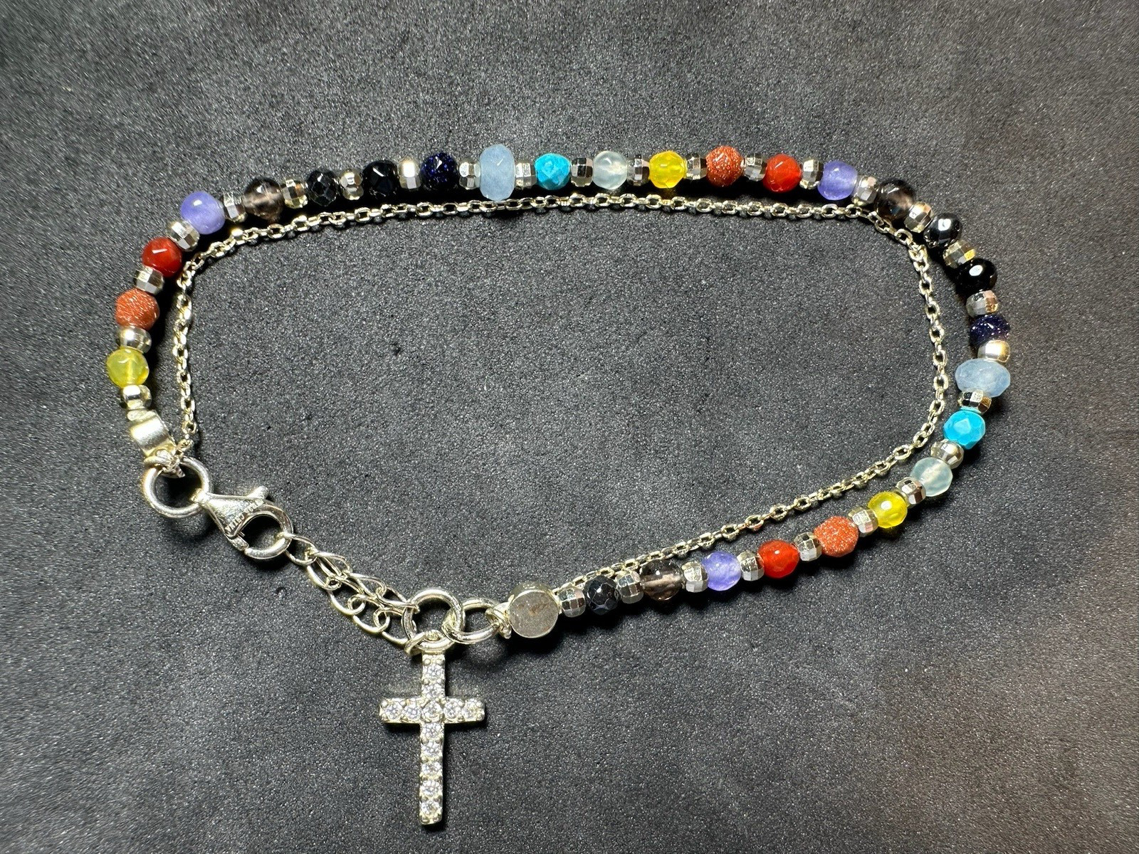 3.75 Vintage Sterling Silver Multi Gemstone Beaded Bracelet Cross Charm 7.3 in