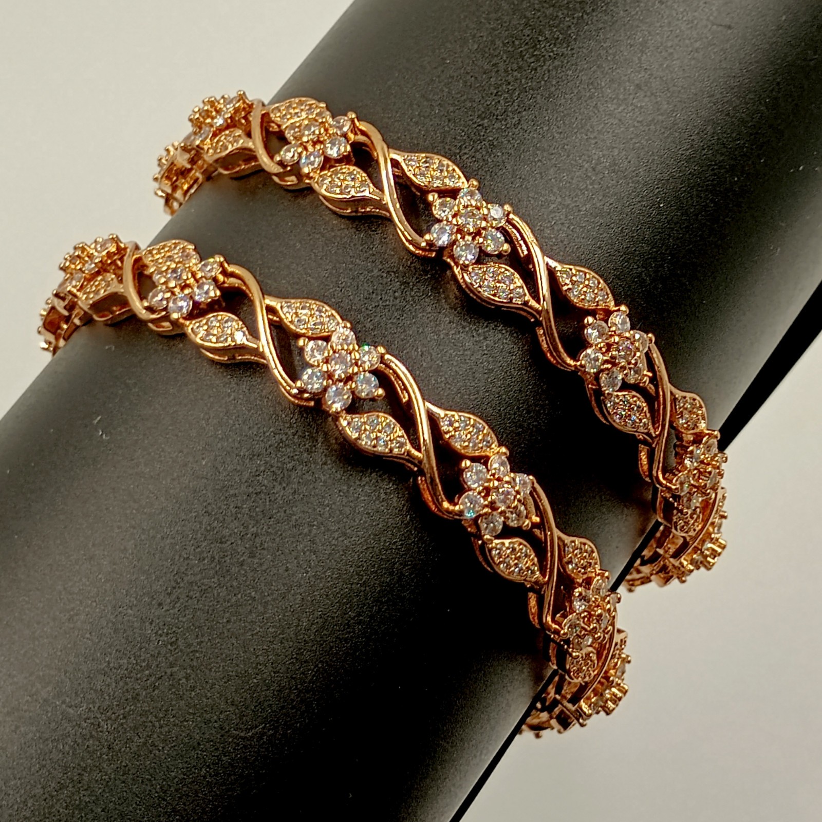 Cubic Zirconia 22k Rose Gold Plated Bangle, CZ American Diamond Bracelet 2 Pcs K