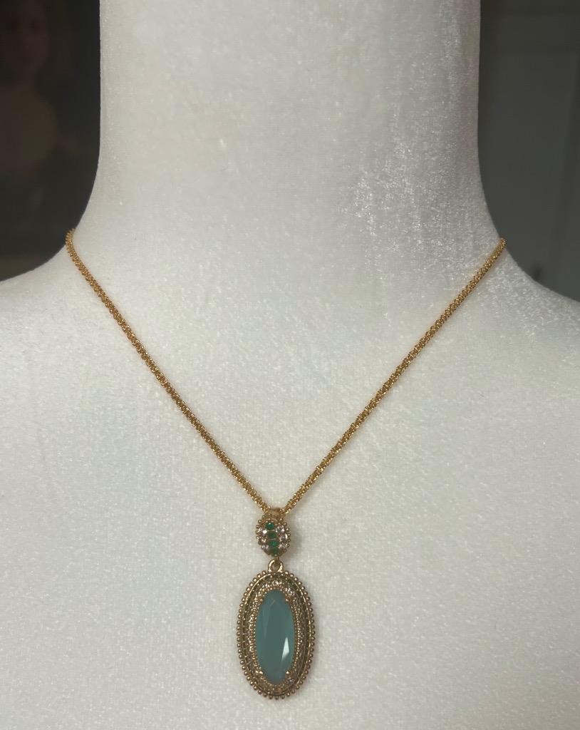 REAL Milky Aquamarine 14K Gold on SOLID 925 White Sapphire Victorian Rev Oblong