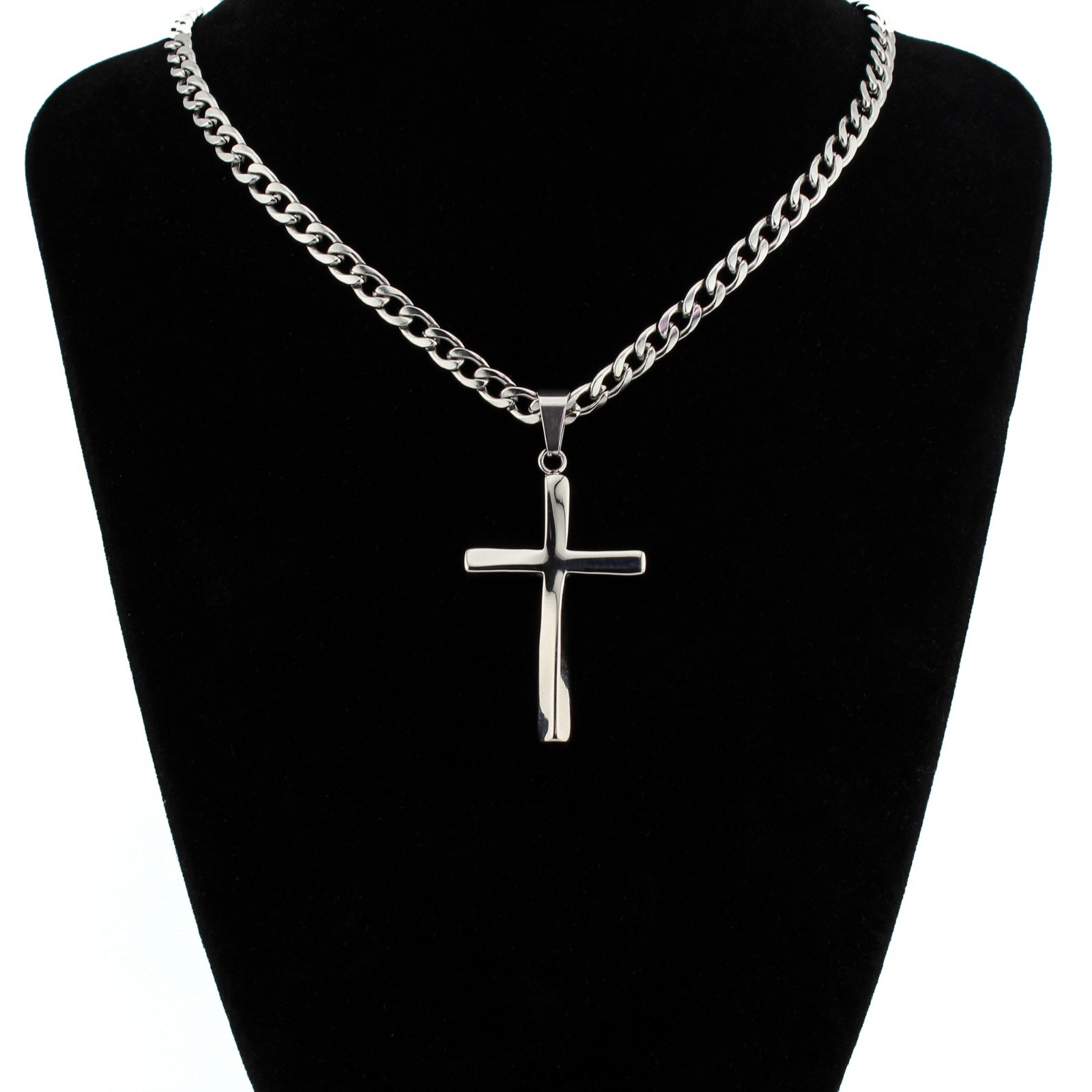 Men’s Stainless Steel Cross Necklace Cuban Link Chain Silver Pendant 5mm