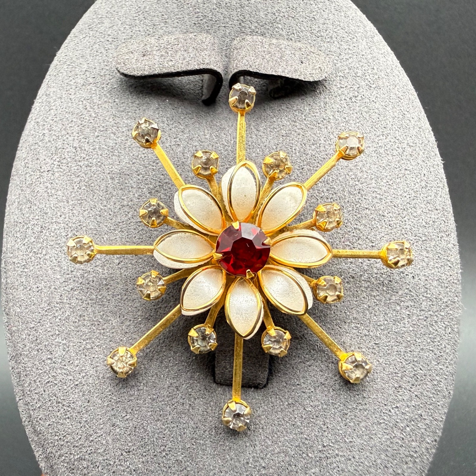 Vintage Gold Tone Rhinestone Starburst Flower Brooch Pendant Mid Century Atomic