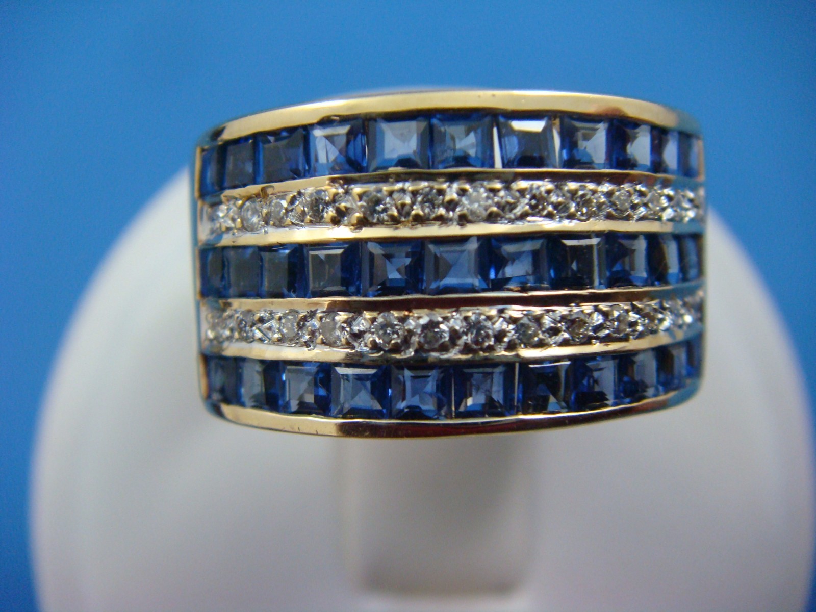 18K YELLOW GOLD 5 ROW SAPPHIRES AND DIAMONDS WIDE LADIES BAND 8.8 GRAMS