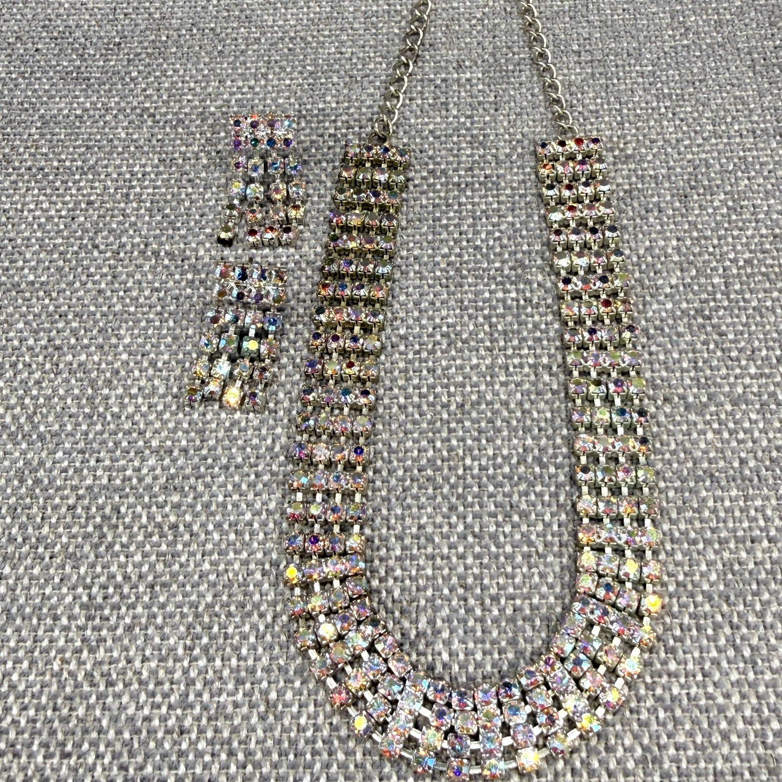 Vintage Jewelry Set AB Rhinestones Multi Row Necklace Dangle Pierced Earrings