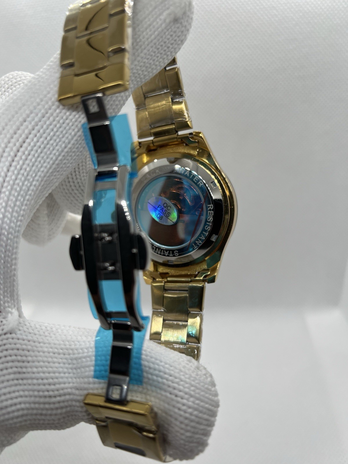 LONGBO Automatic Wristwatch Blue Dial Date Gold Case Black Leather Strap