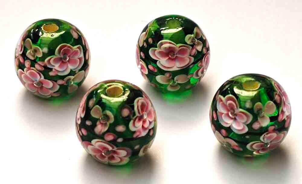 10pcs handmade Lampwork glass beads glass Pink plum flower round on Green 14mm