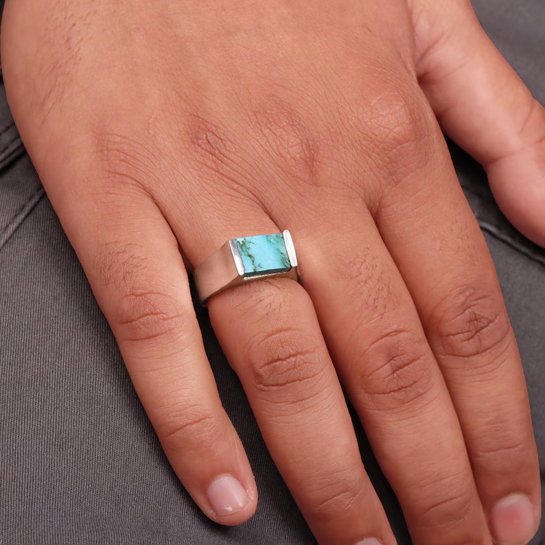Handmade Rough Turquoise Gemstone Signet Ring: 925 Sterling Silver Men’s Ring