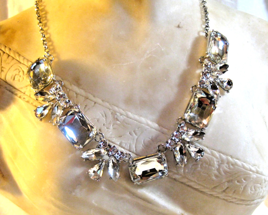 Clear Rhinestone Necklace Large Emerald, Marquis, Tear & Round Cuts 21 Inches