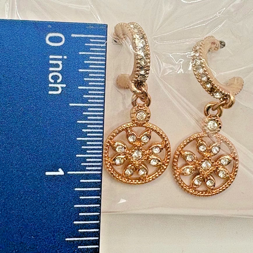 Avon Rose Gold Tone Clear Crystal Medallion Drop Dangle Earrings in Gift Box NIB