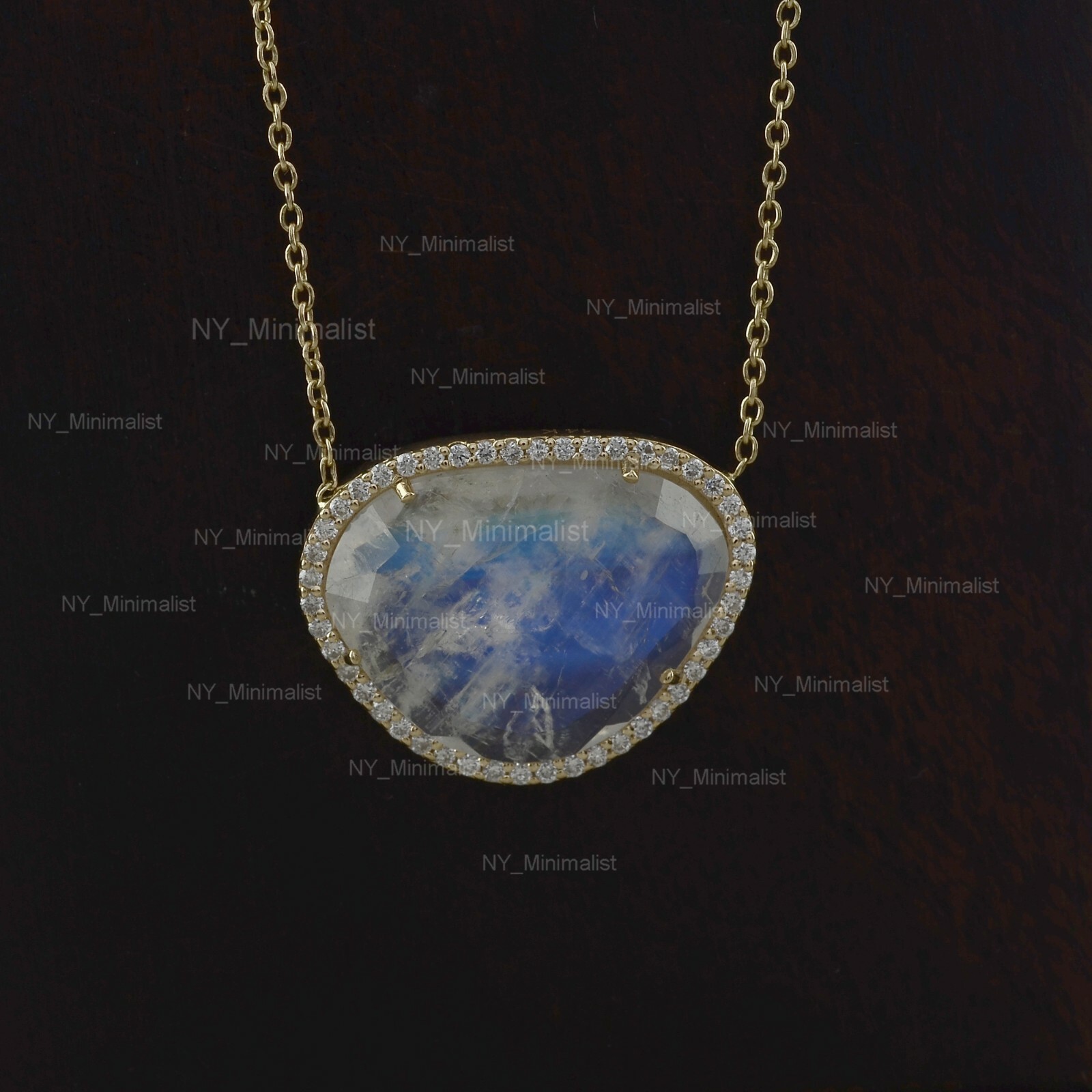 Unshape Moonstone Gemstone Diamond Solid 14K Yellow Gold Fine Pendant Necklace