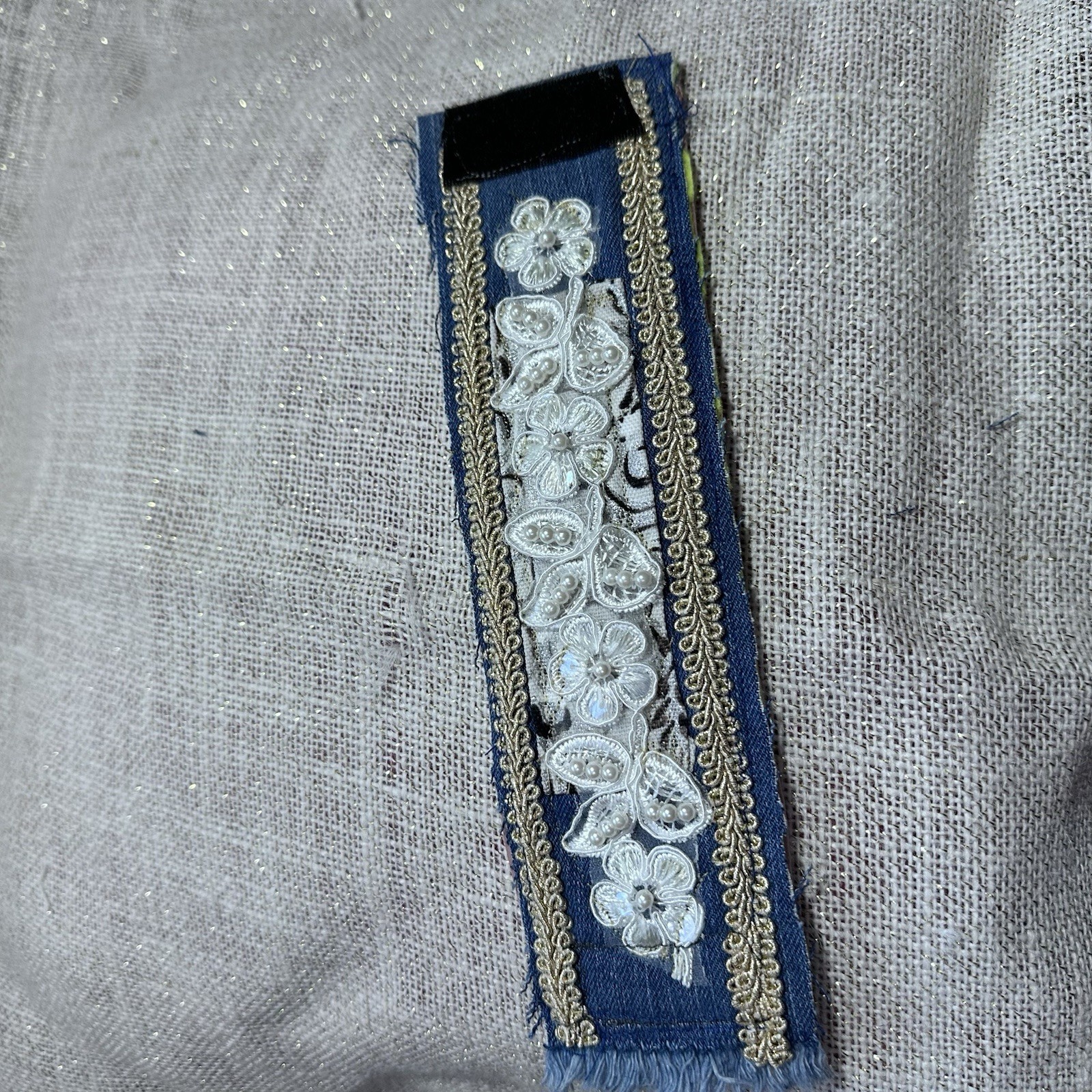 Wide Cuff Bracelet Boho Denim Fabric Embellished 3D Floral Lace Handmade 6-7