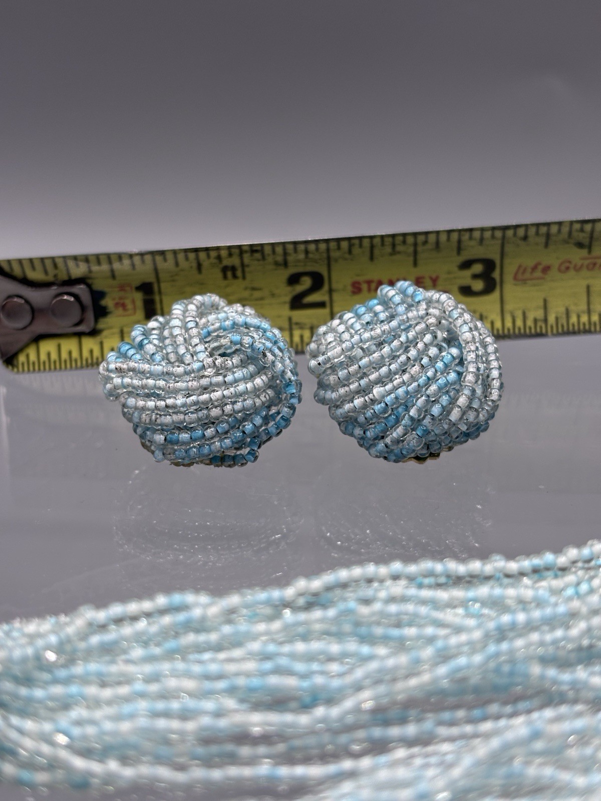 Vintage Glass Seed Bead Aqua Multi Strand Statement Necklace W/ Earrings 50’s
