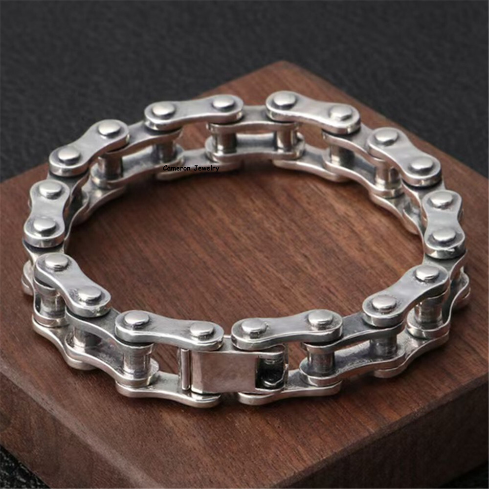 Solid S925 Sterling Silver Bracelet 10m13mm Punk Bike Link Chain 7.5-8.7in