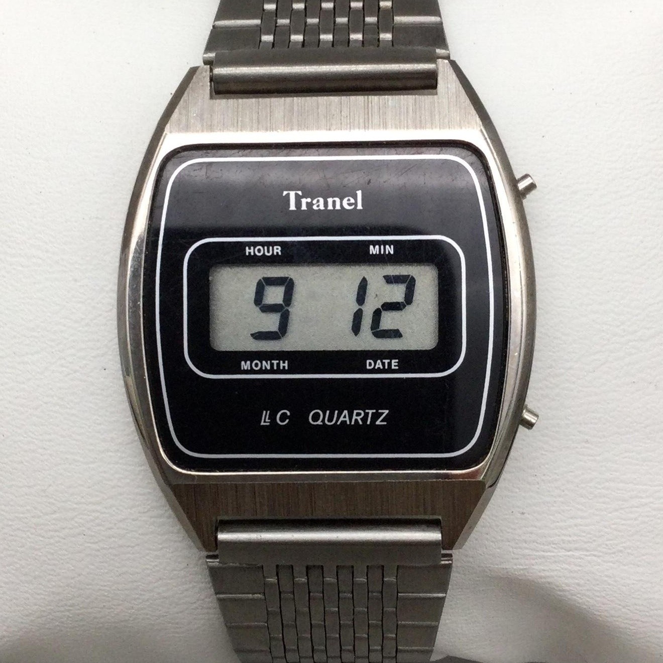 Vintage Tranel Mens Watch 33mm Digital LCD Black Dial Silver Tone New Battery